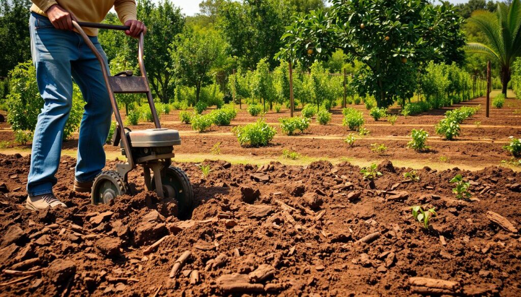 A lush, verdant garden scene on a sunny day. In the foreground, a farmer methodically tills the soil with a hand-operated tiller, preparing the earth for the upcoming bean planting. Loose, rich soil is turned and broken up, ready to receive the bean seeds. In the middle ground, neatly arranged furrows and raised beds await the planting, their dark, fertile loam inviting the sowing. The background features a backdrop of flourishing fruit trees and vibrant green foliage, creating a picturesque and serene agricultural setting. Warm, golden lighting filters through the scene, casting a gentle glow over the hardworking farmer and the soil they tend with care.