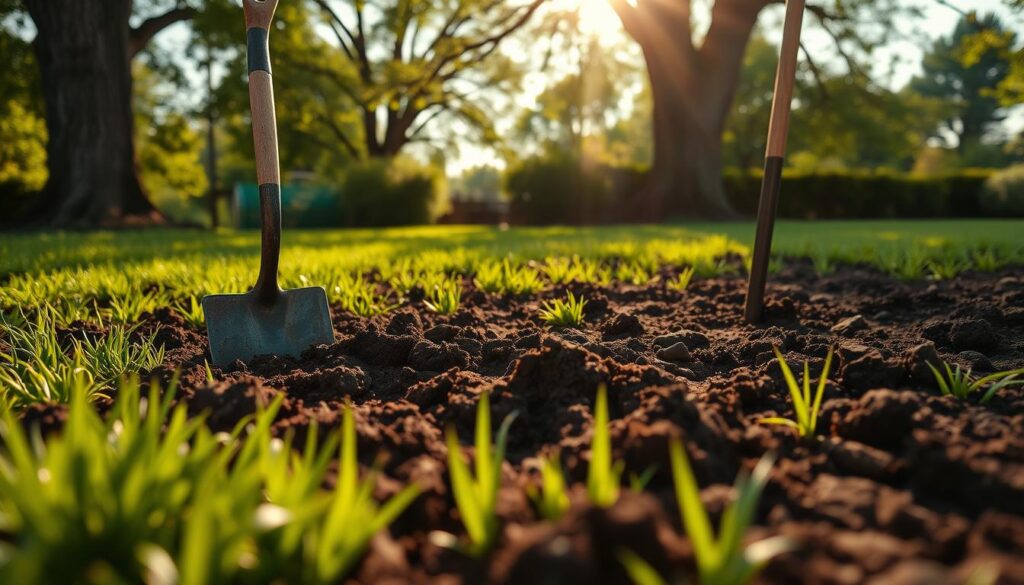 A well-tilled garden bed with rich, dark brown clay soil, ready for the planting of a lush green lawn. In the foreground, a spade and rake stand upright, indicating the recent preparation of the earth. Sunlight filters through wispy clouds, casting a warm, golden glow over the scene. In the background, the silhouettes of mature trees frame the image, hinting at the tranquil, natural setting. The overall composition conveys a sense of anticipation and the promise of a thriving, verdant trawl to come.