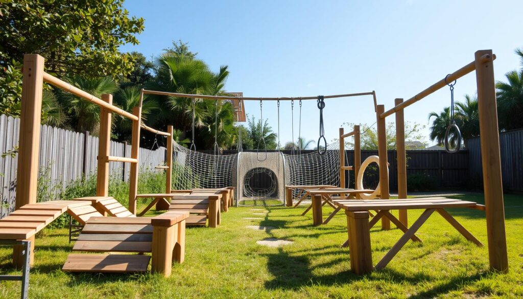 A backyard obstacle course for children, constructed with DIY materials. In the foreground, wooden ramps, balance beams, and hoops form a challenging yet engaging layout. The middle ground features a net tunnel and a series of hanging rings, inviting young adventurers to climb and swing. In the background, lush greenery and a clear blue sky create a natural, inviting atmosphere. The scene is lit by warm, diffused sunlight, casting soft shadows that add depth and dimensionality. The overall composition conveys a sense of active, imaginative play in a safe, outdoor setting. A backyard obstacle course for children, constructed with DIY materials. In the foreground, wooden ramps, balance beams, and hoops form a challenging yet engaging layout. The middle ground features a net tunnel and a series of hanging rings, inviting young adventurers to climb and swing. In the background, lush greenery and a clear blue sky create a natural, inviting atmosphere. The scene is lit by warm, diffused sunlight, casting soft shadows that add depth and dimensionality. The overall composition conveys a sense of active, imaginative play in a safe, outdoor setting.