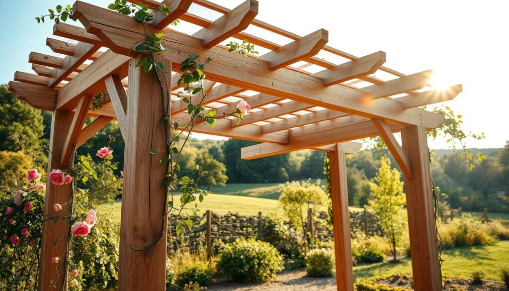 A detailed, step-by-step construction of a rustic, wooden pergola with delicate rose vines entwining the structure. A sunlit, countryside scene with the pergola in the foreground, surrounded by lush greenery and a tranquil garden in the background. Soft, warm lighting casts gentle shadows, highlighting the intricate joinery and natural grain of the timber beams. The pergola's elegant, yet simple design is the centerpiece, showcasing the process of its assembly from the ground up. Angles capture the various stages, from laying the foundation to securing the latticed roof, inviting the viewer to envision the satisfying DIY experience.