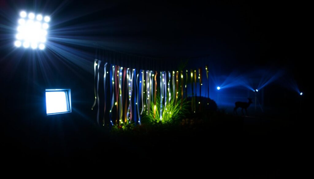 A dimly lit outdoor scene showcasing a variety of sound and light deterrent systems designed to repel deer from a garden. In the foreground, a motion-activated ultrasonic repeller emits high-frequency sound waves, while LED floodlights illuminate the area with a bright, pulsing glow. In the middle ground, a series of reflective streamers and dangling chimes sway gently in the breeze, creating an array of visual and auditory cues. In the background, a series of infrared-triggered sprinklers stand ready to startle any approaching deer. The overall atmosphere conveys a sense of strategic, high-tech deterrence tailored to effectively dissuade unwanted wildlife from the protected garden space.