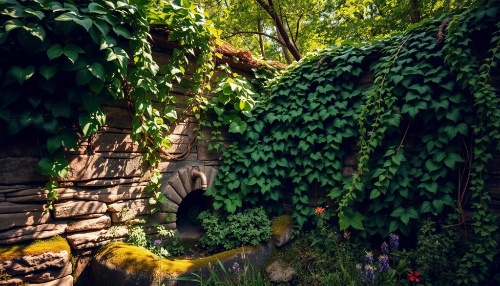 A lush, overgrown garden oasis, with a rustic stone wall and a hidden water tap nestled amongst the foliage. Vines and climbing plants gracefully drape over the wall, blending the tap seamlessly into the natural surroundings. Dappled sunlight filters through the verdant canopy, casting a warm, earthy glow. Moss-covered rocks and a scattering of wildflowers add to the tranquil, organic feel. The tap is subtly integrated, becoming part of the garden's harmonious, botanical design. A serene, hidden haven that effortlessly conceals the functional element within a visually captivating, naturalistic landscape.