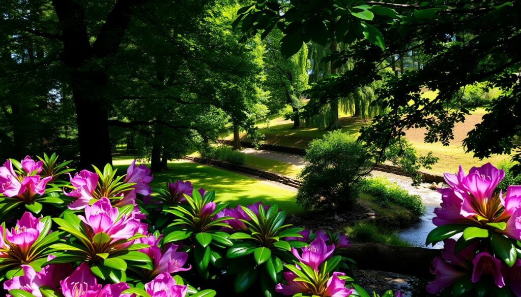 A lush, shaded garden setting with a focus on the specific habitat requirements of rhododendrons. In the foreground, vibrant, glossy green leaves of rhododendron bushes, their delicate pink and purple flowers in full bloom. The middle ground features dappled sunlight filtering through a canopy of tall, verdant trees, creating a serene, natural atmosphere. The background showcases a gently sloping terrain, with rich, acidic soil and a trickling stream or pond, essential elements for the thriving growth of these finicky, yet stunning plants. The lighting is soft and diffused, emphasizing the velvety textures and vivid colors. The camera angle is slightly elevated, providing a comprehensive view of the ideal rhododendron habitat.
