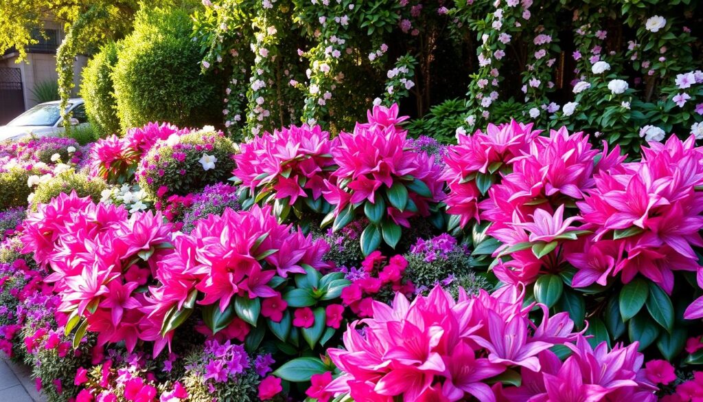 A lush, sprawling flower bed with vibrant rododendrons as the focal point, surrounded by a diverse array of complementary blooms. The rododendrons, their large, glossy leaves and voluptuous flowers in shades of pink, purple, and white, command attention. Cascading perennials, such as trailing vines and flowering shrubs, soften the edges, creating a harmonious and visually captivating composition. Dappled sunlight filters through the scene, casting a warm, golden glow and accentuating the rich colors. The overall impression is one of natural beauty, tranquility, and a carefully curated, yet effortless, garden design. The scene is captured from a slightly elevated perspective, allowing the viewer to fully appreciate the layered, lush tapestry of this rododendron-centric floral display.