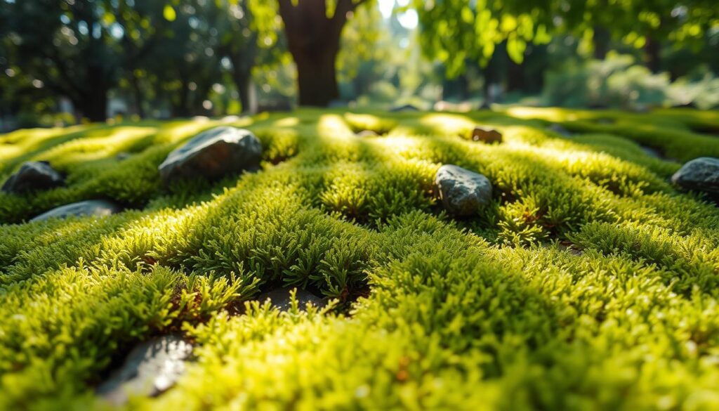 A lush, verdant carpet of moss-covered ground, surrounded by a tranquil garden scene. Dappled sunlight filters through the canopy of leafy trees, casting a warm, natural glow on the delicate, emerald-hued foliage. Rocks and small logs are nestled amidst the moss, adding texture and depth to the serene composition. The moist, earthy aroma of the garden pervades the air, creating a sense of peaceful, natural harmony. A close-up, high-angle perspective showcases the intricate details of the moss, its delicate fronds and velvety texture inviting the viewer to reach out and touch. The overall mood is one of lush, verdant tranquility, perfectly suited to illustrate the section on choosing the right location to cultivate a thriving moss garden.