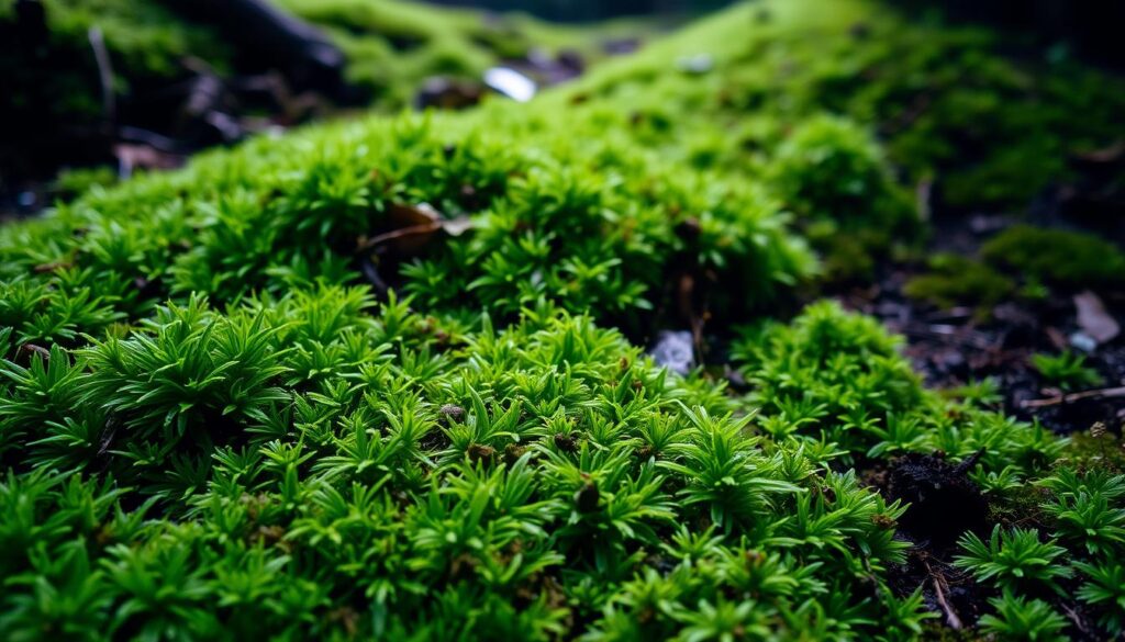 A lush, verdant carpet of vibrant moss thriving on a moist, nutrient-rich forest floor. The scene is bathed in soft, diffused natural lighting that gently illuminates the intricate textures and hues of the moss. In the foreground, the moss appears plush and inviting, with individual fronds and tendrils clearly visible. The middle ground showcases the moss' seamless integration with the surrounding soil, revealing a harmonious blend of organic matter and vegetation. In the background, a hint of earthy tones and subtle shadows adds depth and dimension to the overall composition. The mood is one of tranquility and natural balance, capturing the essence of an ideal habitat for thriving moss growth.