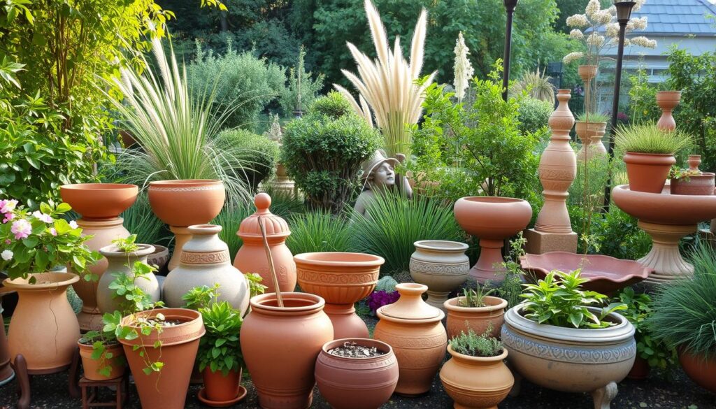 A lush, vibrant garden setting with an artful arrangement of repurposed ceramic pots, planters, and bowls serving as whimsical decorative accents. The foreground showcases a variety of terracotta vessels in earthy tones, some planted with trailing vines and flowers, others displayed creatively as standalone features. In the middle ground, a mix of ornamental grasses, shrubs, and small trees frame the scene, creating a natural, harmonious backdrop. Soft, diffused sunlight filters through the foliage, casting gentle shadows and highlights that enhance the textures and colors of the eclectic ceramic pieces. An overall sense of rustic charm and organic elegance pervades the tranquil garden setting.