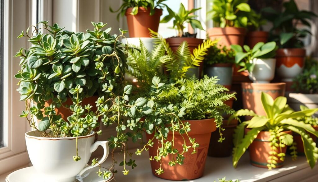 A neatly arranged display of thriving potted plants, their lush foliage cascading over the edges of weathered, vintage terracotta pots. Sunlight filters through a window, casting a warm, golden glow that highlights the unique textures and colors of the greenery. In the foreground, delicate succulents and trailing vines spill out of a repurposed antique teacup, while larger plants like ferns and philodendrons fill the middle ground. The background showcases an artful collection of mismatched containers, each one transformed into a charming planter, adding depth and visual interest to the scene. The overall composition conveys a sense of tranquility and the nurturing care bestowed upon these repurposed houseplants.