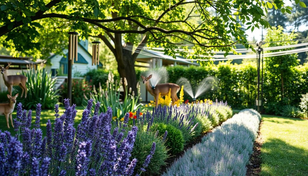 A peaceful garden scene, with a variety of natural deterrents against deer. In the foreground, rows of fragrant lavender and rosemary plants line the flower beds, their strong aromas known to repel deer. In the middle ground, a row of wind chimes hang from tree branches, their gentle tinkling sounds startling any approaching deer. Towards the back, a network of motion-activated sprinklers stands ready to startle and deter any unwanted visitors. The lighting is soft and natural, with dappled sunlight filtering through the leaves overhead. The overall atmosphere is one of a well-tended, organic garden sanctuary, protected by a variety of humane, eco-friendly methods.
