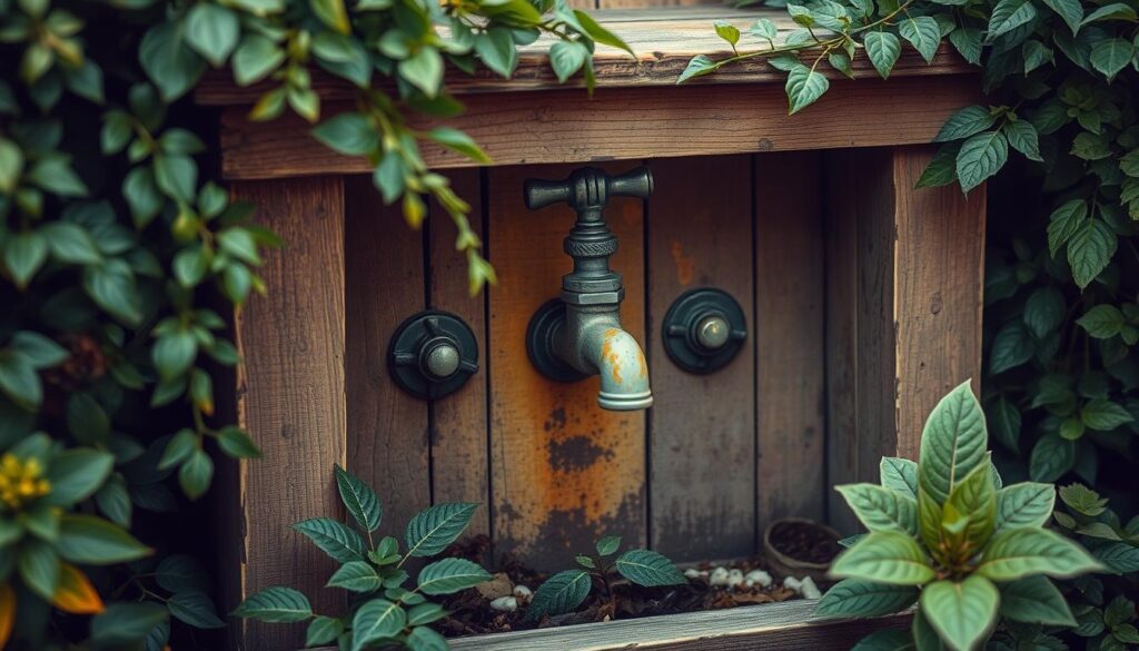 A quaint, rustic garden feature with a weathered, antique-inspired garden faucet. The faucet is encased in a wooden, cottage-style surround, adorned with distressed, peeling paint and aged metal accents. Lush, overgrown greenery frames the scene, creating a charming, natural ambiance. Warm, soft lighting gently illuminates the textured surfaces, enhancing the vintage, time-worn aesthetic. The composition is balanced, with the faucet as the focal point, surrounded by a visually interesting arrangement of organic shapes and earthy tones. An idyllic, countryside-inspired vignette that seamlessly blends functionality and rustic elegance.
