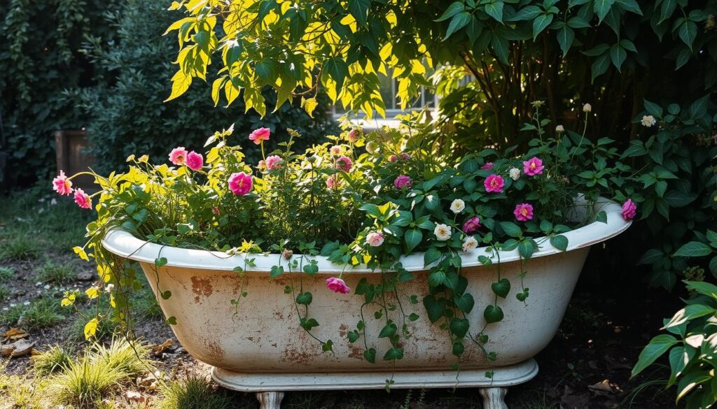 A rustic, weathered old bathtub repurposed as a charming herb garden, overflowing with lush, vibrant greenery. Trailing vines and fragrant blooms cascade over the tub's edges, creating a captivating natural arrangement. Dappled sunlight filters through a canopy of leaves, casting a warm, earthy glow. The tub's distressed, time-worn patina contrasts beautifully with the thriving, verdant plants. Positioned in a secluded corner of a tranquil garden, this repurposed tub planter exudes a sense of serene, understated beauty and harmony with nature.