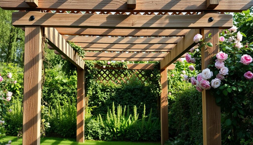 A rustic, wooden pergola stands in a lush garden, its intricate lattice casting delicate shadows on the ground below. The structure is built from sturdy, weathered planks, their natural grain and texture adding warmth and character. Trailing vines and blooming roses cling to the pergola's frame, creating a romantic, botanical backdrop. Soft, diffused lighting filters through the openings, casting a gentle glow over the scene. The overall mood is one of tranquility and natural beauty, perfectly complementing the "Wyb&oacute;r odpowiednich materiał&oacute;w do pergoli" section of the article.