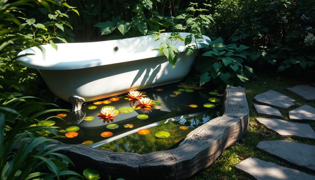 A tranquil garden oasis, a repurposed vintage clawfoot bathtub nestled amidst lush greenery, its gleaming porcelain surface reflecting the dappled sunlight. The tub is filled with crystal-clear water, creating a serene, natural-looking pond. Surrounding the tub, delicate water lilies and aquatic plants float on the surface, their vibrant colors complementing the weathered, rustic wood of the tub. A meandering stone path leads visitors to the enchanting water feature, inviting them to pause and immerse themselves in the soothing ambiance. Soft, diffused lighting casts a warm, ethereal glow, heightening the tranquil atmosphere. This upcycled tub-turned-water element seamlessly blends the boundary between indoors and outdoors, offering a captivating focal point and a refreshing, calming respite in the heart of the garden.