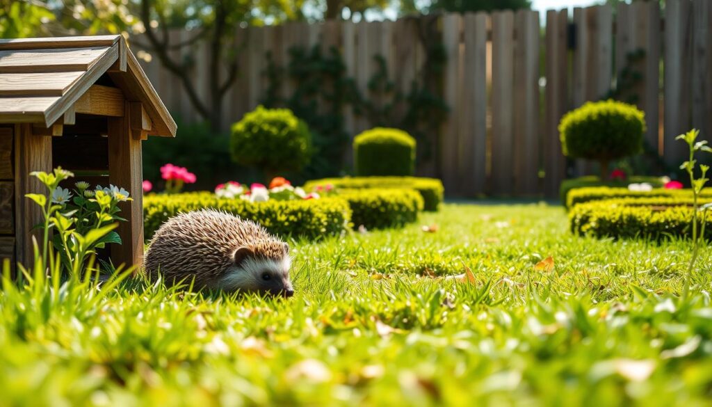 A tranquil garden scene on a warm, sunny day. In the foreground, a hedgehog cautiously emerges from a small wooden shelter, sniffing the air and exploring its new surroundings. The middle ground features lush, manicured flowerbeds and neatly trimmed shrubs, creating a welcoming and serene atmosphere. In the background, a wooden fence with climbing vines and a gate suggests a peaceful, secluded location. Soft, diffused lighting illuminates the scene, casting gentle shadows and highlighting the hedgehog's spiny coat. The camera angle is slightly low, capturing the hedgehog's perspective as it ventures into the inviting garden.