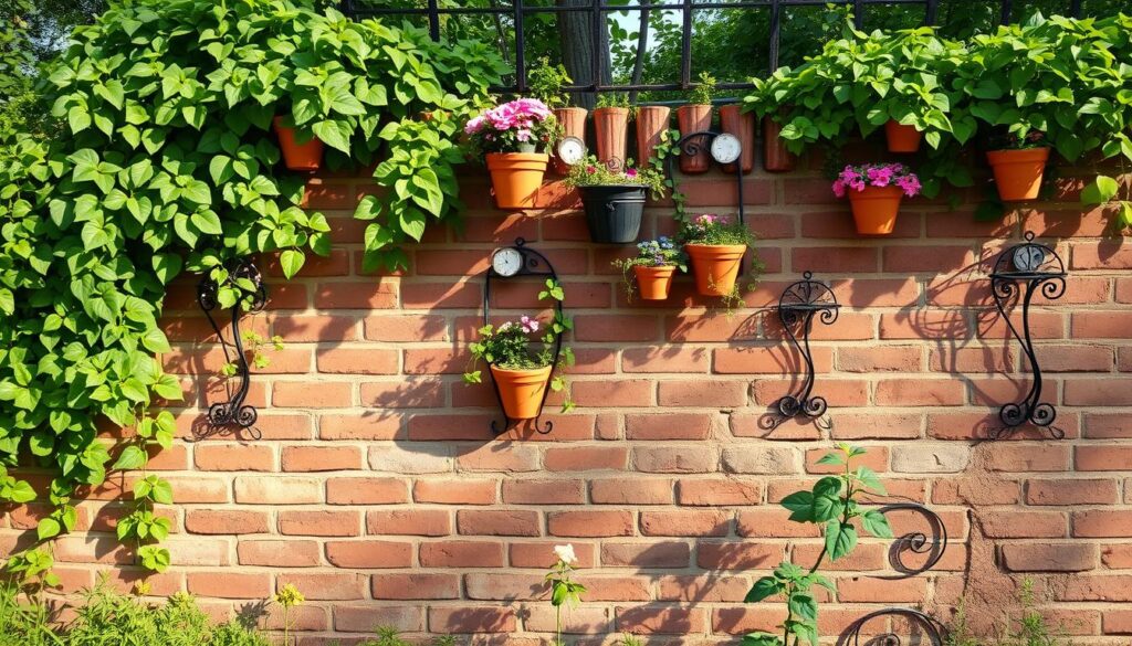 A vibrant, lush garden with a weathered, brick wall in the foreground. The wall is adorned with a whimsical array of handcrafted decorations - terracotta pots overflowing with cascading vines, wrought-iron trellises supporting blooming flowers, and strategically placed garden sculptures that cast enchanting shadows. The lighting is soft and natural, with dappled sunlight filtering through the verdant foliage, creating a warm, inviting atmosphere. The composition emphasizes the creative, DIY approach to transforming a plain, unassuming wall into a visually captivating focal point that seamlessly integrates with the surrounding garden landscape.