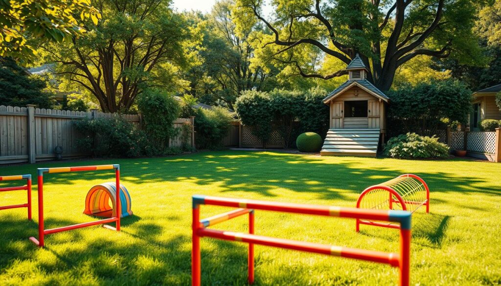 A vibrant, sun-dappled backyard, featuring a whimsical obstacle course for children. In the foreground, a series of brightly colored hurdles, balance beams, and tunnels invite young adventurers to navigate a playful course. The middle ground showcases a wooden climbing structure, its natural textures complementing the lush, verdant lawn. In the background, a backdrop of flourishing trees and shrubbery, creating a sense of enclosure and natural exploration. The lighting is soft and warm, casting a golden glow over the scene, evoking a sense of carefree enjoyment. The overall composition exudes a spirit of imagination, activity, and outdoor discovery. A vibrant, sun-dappled backyard, featuring a whimsical obstacle course for children. In the foreground, a series of brightly colored hurdles, balance beams, and tunnels invite young adventurers to navigate a playful course. The middle ground showcases a wooden climbing structure, its natural textures complementing the lush, verdant lawn. In the background, a backdrop of flourishing trees and shrubbery, creating a sense of enclosure and natural exploration. The lighting is soft and warm, casting a golden glow over the scene, evoking a sense of carefree enjoyment. The overall composition exudes a spirit of imagination, activity, and outdoor discovery.