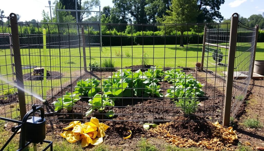A backyard vegetable garden, fenced off with sturdy wire mesh, under a bright, sun-dappled sky. In the foreground, an array of deterrents - motion-activated sprinklers, ultrasonic repellent devices, and strategically placed piles of citrus peels and coffee grounds, all working together to create an effective, dog-proof barrier. In the middle ground, a well-tended patch of thriving vegetables, protected from canine intruders. The background features a peaceful, lush green landscape, hinting at the tranquility of a secure and productive garden space. A backyard vegetable garden, fenced off with sturdy wire mesh, under a bright, sun-dappled sky. In the foreground, an array of deterrents - motion-activated sprinklers, ultrasonic repellent devices, and strategically placed piles of citrus peels and coffee grounds, all working together to create an effective, dog-proof barrier. In the middle ground, a well-tended patch of thriving vegetables, protected from canine intruders. The background features a peaceful, lush green landscape, hinting at the tranquility of a secure and productive garden space.