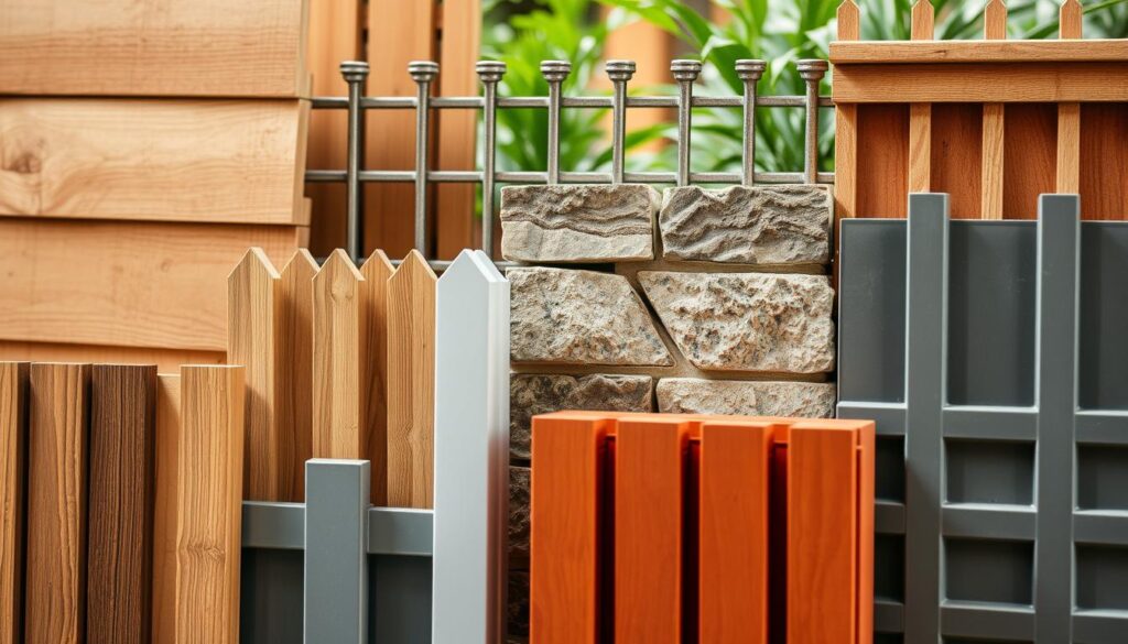 A close-up shot of various building materials commonly used for fencing and garden borders, including wooden planks, metal railings, stone blocks, and PVC panels. The materials are arranged in a visually appealing, grid-like composition, allowing the viewer to clearly see and compare their textures, colors, and construction methods. The lighting is soft and diffused, highlighting the natural qualities of each material. The background is slightly blurred, keeping the focus on the diverse selection of fencing options. An educational and informative image that showcases the range of stylish and durable materials available for creating attractive and functional garden boundaries.