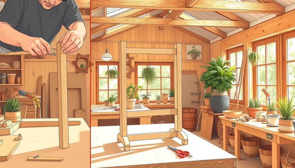 A close-up, step-by-step illustration of a person constructing a wooden flower stand in a sunny, well-lit workshop. The foreground showcases the gradual assembly process, with the person's hands carefully measuring, cutting, and joining the wooden components. The middle ground features various woodworking tools and materials, neatly arranged on a workbench. The background depicts a warm, inviting space with wooden beams, potted plants, and natural light filtering through large windows, creating a serene, DIY-inspired atmosphere. The overall scene conveys a sense of focus, craftsmanship, and the satisfaction of creating a functional, garden-ready flower stand.