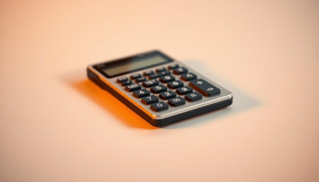 A close-up view of a sleek, modern calculator device with a minimalist, high-tech design. The calculator has a large, clear digital display and tactile, responsive buttons. The device is positioned on a plain, uncluttered background, bathed in warm, directional lighting that creates subtle shadows and highlights the calculator's clean lines and premium materials. The overall mood is one of precision, functionality, and technological sophistication, conveying the idea of a specialized tool for accurately calculating the number of fence posts required for a project.