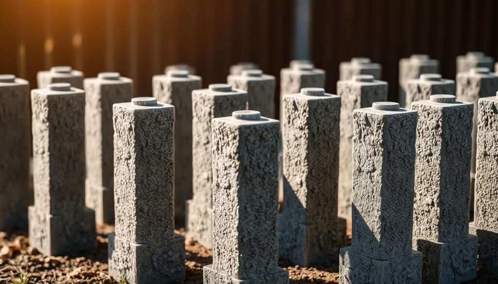 A close-up view of several concrete fence posts, showcasing their intricate textures and varied shades of gray. The posts are arranged in a neatly organized grid, casting soft shadows on the ground. The lighting is natural, with a warm, diffused glow illuminating the scene. The background is blurred, placing the focus solely on the fence posts and their associated costs, conveying a sense of precision and attention to detail. The overall atmosphere is one of functional minimalism, highlighting the practical aspects of fencing construction.