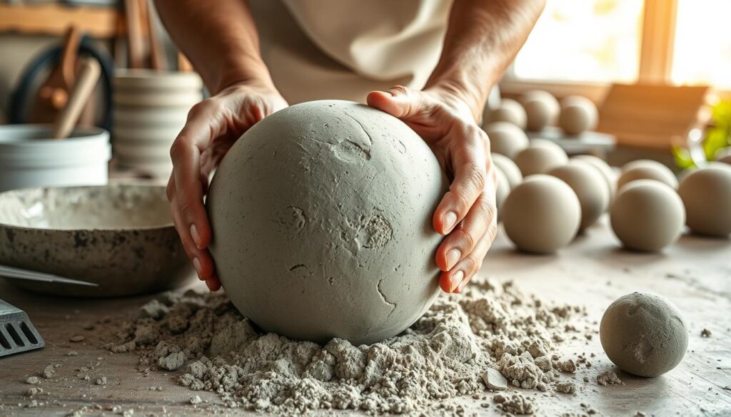 A detailed, step-by-step process of crafting concrete garden balls. In the foreground, a pair of hands carefully shaping a smooth, spherical form from a mixture of cement, sand, and water. The middle ground reveals the tools used - trowels, molds, and smoothing tools. In the background, a well-lit workspace with natural light filtering in, showcasing the various stages of the concrete ball-making process. The overall mood is one of focused craftsmanship, with a natural, earthy aesthetic reflecting the tactile nature of working with concrete. The image should convey the satisfying, hands-on experience of creating these unique, durable garden accents.