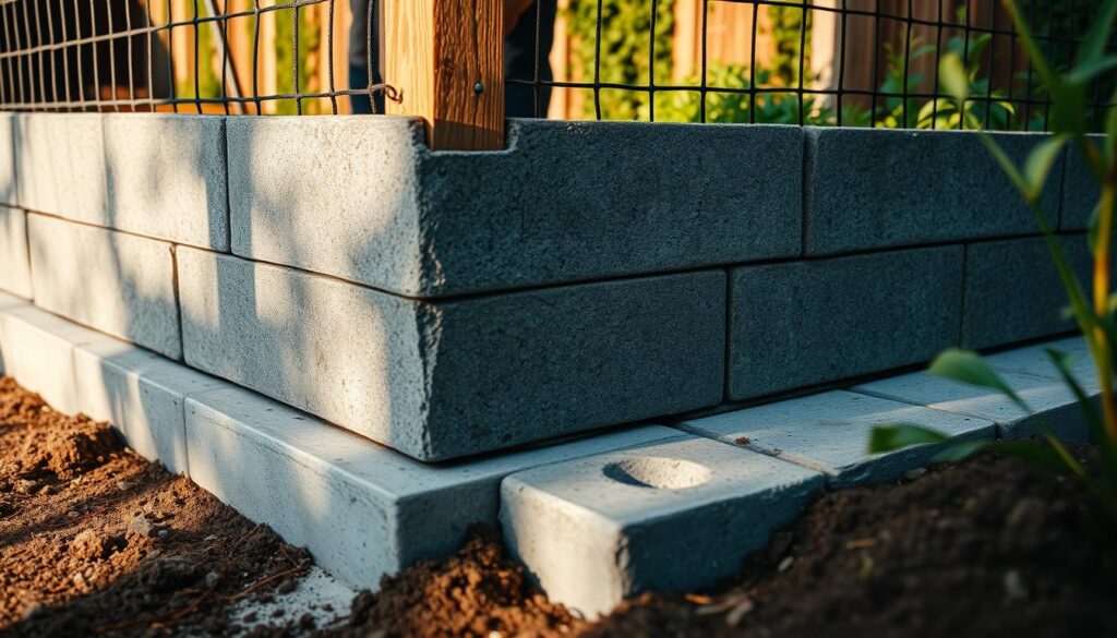 A durable concrete fence installation with a solid foundation, showcasing the strength and longevity of this garden enclosure solution. The scene depicts the construction process, with a worker carefully laying the concrete blocks and securing them to a sturdy base. The image is captured from a low angle, emphasizing the solidity and stability of the structure. Warm, natural lighting casts subtle shadows, highlighting the textural details of the materials. The overall mood conveys a sense of permanence and dependability, reflecting the title "Trwałość i Utrzymanie Ogrodzenia".