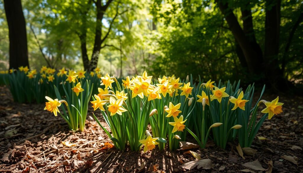 A lush, sun-dappled garden scene with vibrant yellow daffodils (Narcissus) thriving in a well-drained, partially shaded area. The flowers are surrounded by rich, loamy soil and a scattering of fallen leaves, creating a natural, woodland-inspired setting. Soft, diffused lighting filters through the canopy of verdant trees, casting a warm, golden glow across the flowers. The composition emphasizes the daffodils' graceful, nodding heads and slender, blue-green foliage, conveying a sense of tranquility and the ideal conditions for these spring bloomers to flourish.