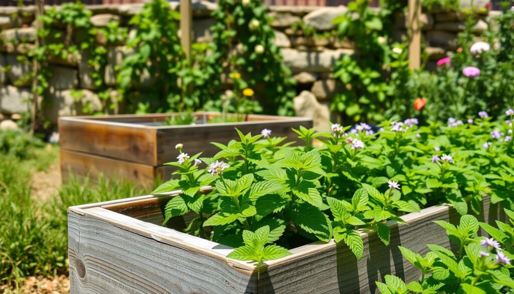 A lush, verdant garden scene on a sunny spring day. In the foreground, thriving mint plants sway gently in a light breeze, their vibrant green leaves and delicate purple flowers shimmering in the warm sunlight. The plants are carefully arranged in neat, organized rows, indicating intentional, thoughtful cultivation. In the middle ground, a weathered wooden garden box serves as a raised planter, allowing the mint to thrive without competition from surrounding vegetation. The background features a picturesque stone wall, partially obscured by trailing vines and blooming flowers, creating a charming, rustic ambiance. The overall scene conveys a sense of tranquility, abundance, and the joys of homegrown, sustainable gardening.