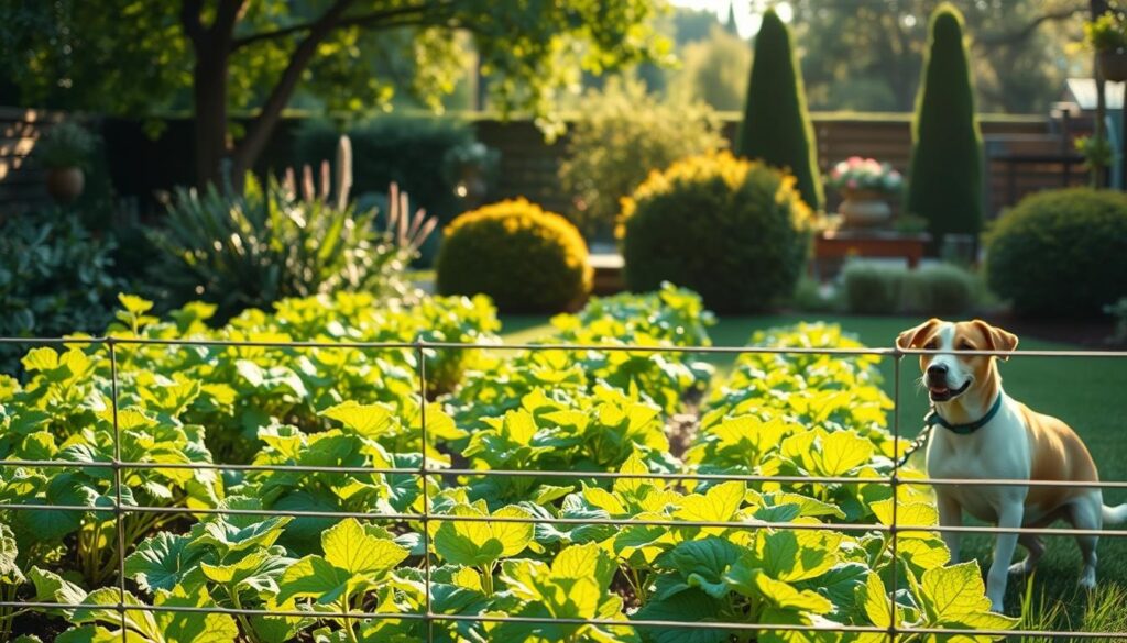 A lush, verdant vegetable garden nestled in a tranquil, sun-dappled backyard. The foreground features a stylish, modern wire mesh fence that seamlessly blends into the surrounding greenery, creating an effective barrier to keep a mischievous dog at bay. In the middle ground, rows of thriving, vibrant vegetable plants sway gently in a light breeze, their leaves catching the warm, golden light. The background showcases a beautifully landscaped yard, with carefully tended shrubs and trees providing a natural, picturesque setting. The overall scene conveys a sense of peaceful coexistence between the garden and its canine protector, with the fence serving as a discreet yet functional solution. A lush, verdant vegetable garden nestled in a tranquil, sun-dappled backyard. The foreground features a stylish, modern wire mesh fence that seamlessly blends into the surrounding greenery, creating an effective barrier to keep a mischievous dog at bay. In the middle ground, rows of thriving, vibrant vegetable plants sway gently in a light breeze, their leaves catching the warm, golden light. The background showcases a beautifully landscaped yard, with carefully tended shrubs and trees providing a natural, picturesque setting. The overall scene conveys a sense of peaceful coexistence between the garden and its canine protector, with the fence serving as a discreet yet functional solution.