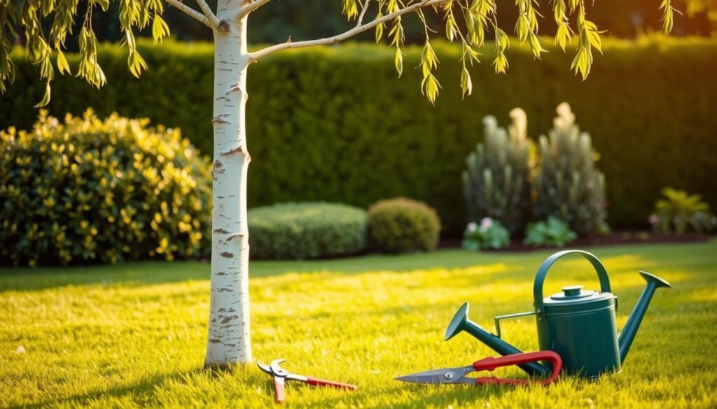 A lush, well-tended garden with a focus on a graceful, slender birch tree. The tree's delicate, white bark and gently swaying branches are bathed in warm, golden sunlight, casting soft shadows on the verdant, manicured lawn below. In the foreground, a pair of gardening tools - secateurs and a watering can - hint at the meticulous care required to maintain the birch's health and aesthetic. The background features a neatly trimmed hedge and a few other ornamental plants, creating a harmonious, naturalistic setting. The overall scene conveys a sense of serenity and attention to detail, befitting the article's focus on the proper care and selection of birch trees for small gardens.