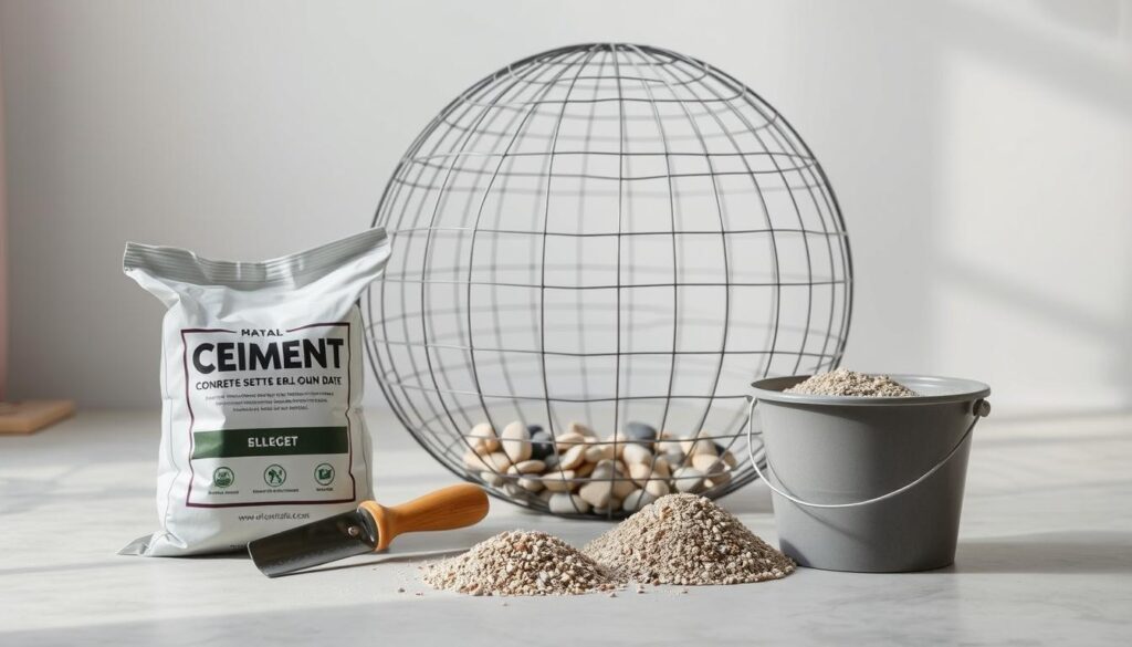 A neatly arranged still life composition showcasing the materials needed to create a concrete garden sphere. In the foreground, a selection of construction supplies including a bag of cement, a trowel, and a bucket filled with sand and gravel. In the middle ground, a wire mesh frame and a collection of decorative stones or pebbles. The background features a tranquil, minimalist setting with soft, natural lighting from an unseen window, emphasizing the organic textures and earthy tones of the materials. The overall mood is one of simplicity, functionality, and a sense of handcrafted, DIY charm.