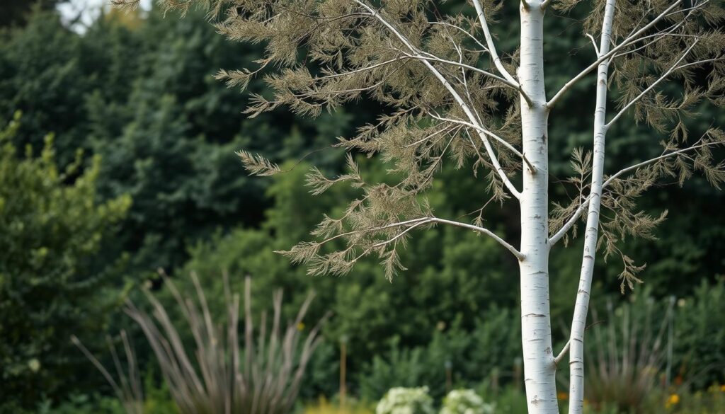 A serene Scandinavian garden scene featuring a slender, graceful white birch tree (Betula pendula) as the focal point. The tree's delicate, paper-like bark and gently swaying branches create a calming, natural atmosphere. The background is a lush, verdant landscape with dense, muted-tone foliage, complementing the birch's bright white tones. Soft, diffused natural lighting filters through the scene, casting gentle shadows and highlights that accentuate the tree's elegant form. The overall composition is balanced, with the birch positioned off-center to draw the eye, conveying a sense of peaceful, contemplative harmony.
