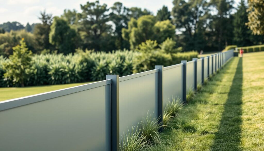 A sleek, modern panel fence system in a well-lit outdoor setting. The foreground features a close-up view of the fence panels, showcasing their clean, minimalist design and high-quality construction materials such as steel or aluminum. The middle ground depicts the fence stretching out in a straight line, seamlessly blending with the surrounding landscape. In the background, lush greenery and a clear sky create a serene, natural atmosphere. The lighting is soft and diffused, highlighting the fence's elegant and durable appearance. The overall scene conveys a sense of sophistication, functionality, and harmony between the man-made structure and the natural environment.