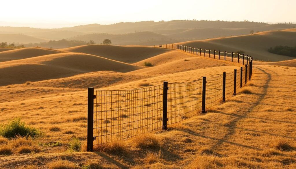 A sprawling landscape with undulating terrain, featuring a panel fence winding through the scene. The fence panels, crafted from sturdy metal, catch the warm glow of the afternoon sun, casting subtle shadows across the uneven ground. In the foreground, the fence posts stand tall, anchoring the structure, while in the distance, the panels seamlessly adapt to the changing elevation, creating a visually captivating and harmonious composition. The background is characterized by a mix of lush vegetation and rolling hills, adding depth and a sense of natural harmony to the overall scene. The lighting is soft and diffused, creating a serene, contemplative atmosphere that invites the viewer to explore the interplay between the man-made structure and the natural environment.