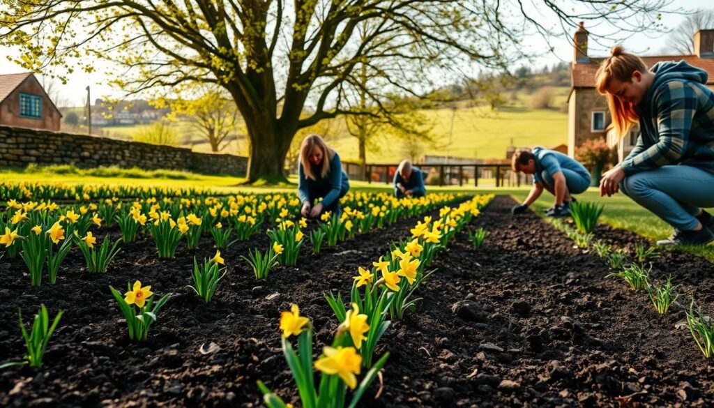 A vibrant garden scene in early spring, with a group of gardeners kneeling in the foreground, carefully planting rows of delicate yellow daffodils. The soil is rich and dark, contrasting with the lush green grass. Soft natural lighting filters through the branches of nearby trees, casting a warm glow on the scene. In the background, a quaint stone wall and a picturesque countryside landscape provide a serene backdrop. The overall mood is one of peaceful productivity, as the gardeners tend to the budding flowers with care and attention.