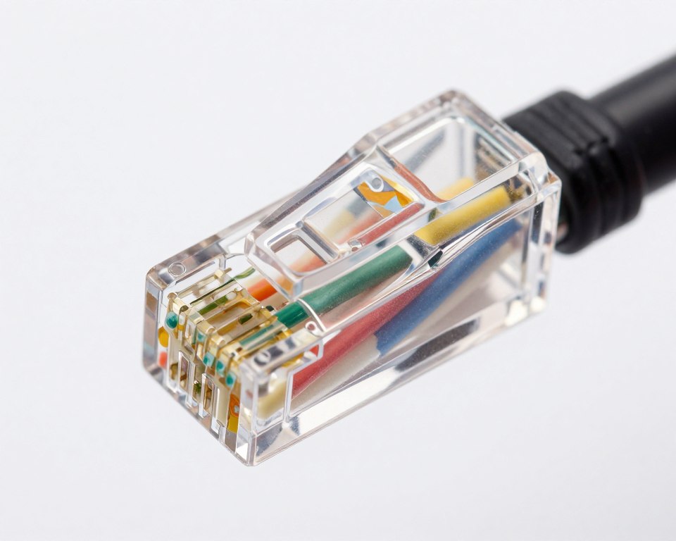 Prawidłowo wykonane złącze RJ45 z widocznym schematem przewod&oacute;w