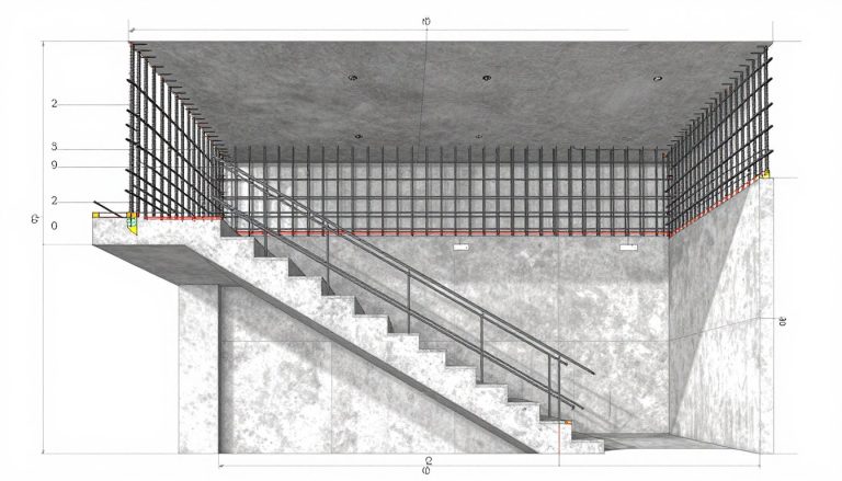 Zbrojenie stropu i schodów - schemat techniczny konstrukcji żelbetowej