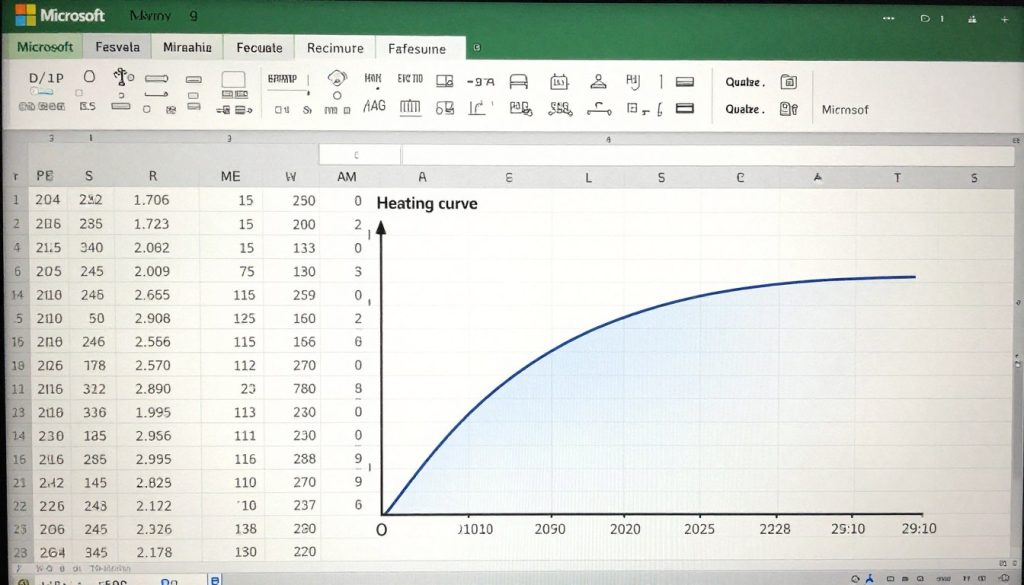 Arkusz Excel z kalkulatorem krzywej grzewczej zawierający formuły i wykres