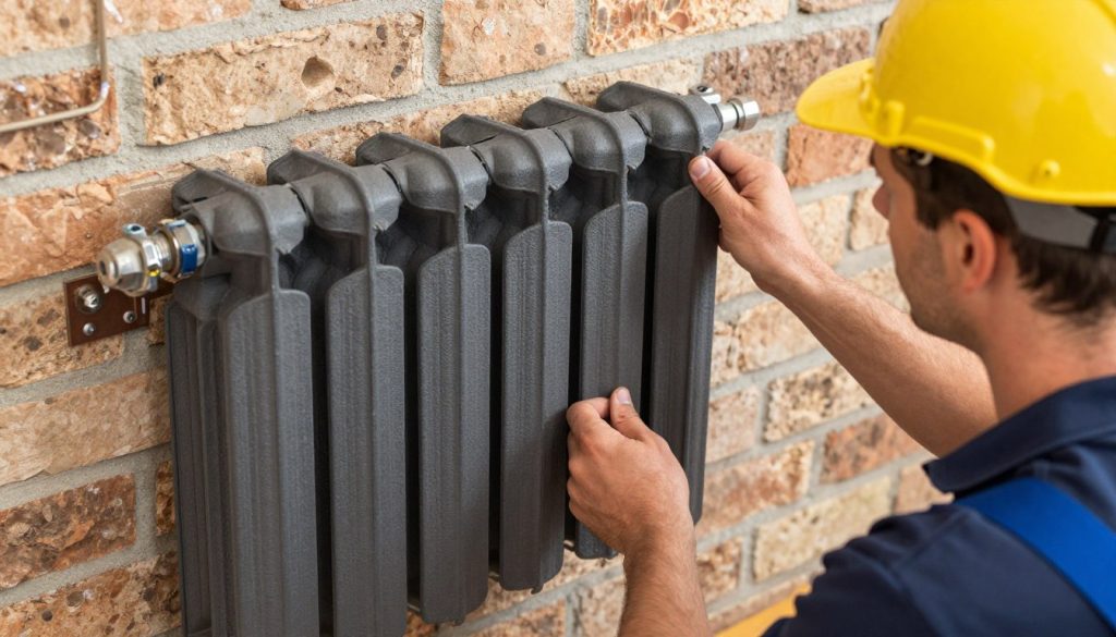 Instalator mocujący ciężki grzejnik żeliwny do ściany z odpowiednimi wspornikami