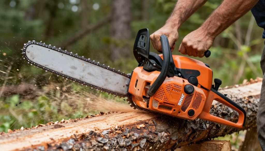 Łańcuch Stihl w pracy podczas cięcia drewna Łańcuch Stihl w pracy podczas cięcia drewna
