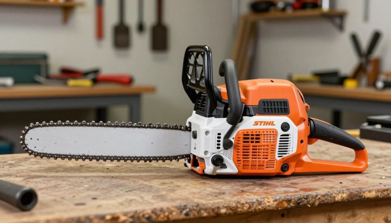 Oryginalną pilarkę spalinową Stihl z wyraźnym logo na tle warsztatu