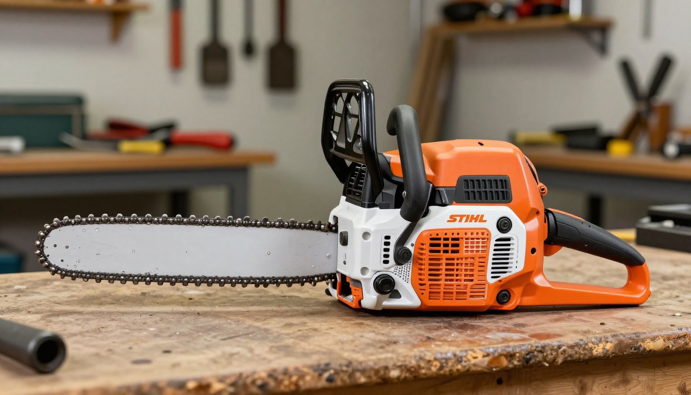 Oryginalną pilarkę spalinową Stihl z wyraźnym logo na tle warsztatu