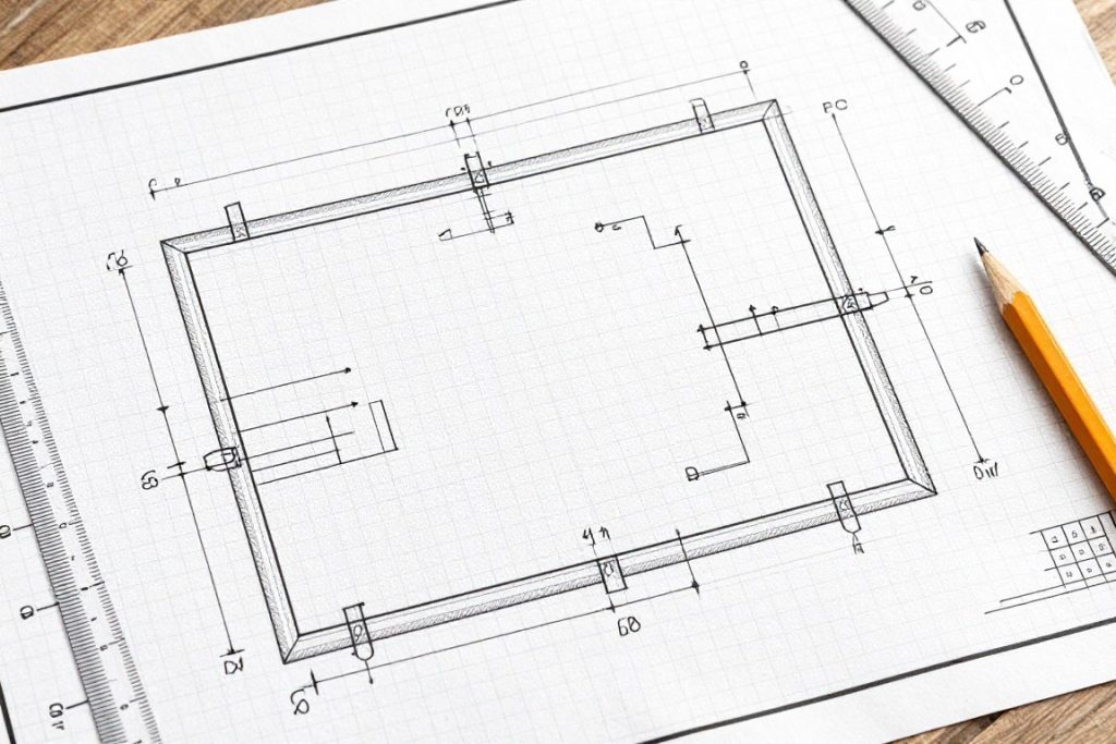 Plan cięcia płyty z wymiarami narysowany na papierze technicznym