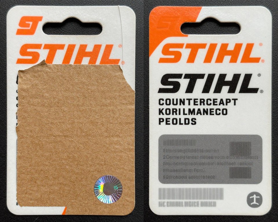 Podróbka opakowania Stihl z widocznymi błędami drukarskimi Podróbka opakowania Stihl z widocznymi błędami drukarskimi
