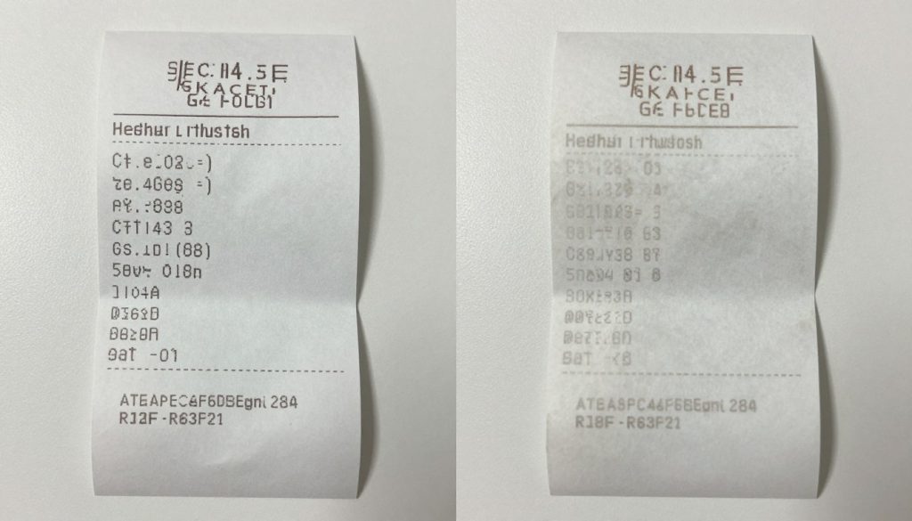 Porównanie czytelnego i wyblakłego paragonu termicznego Porównanie czytelnego i wyblakłego paragonu termicznego