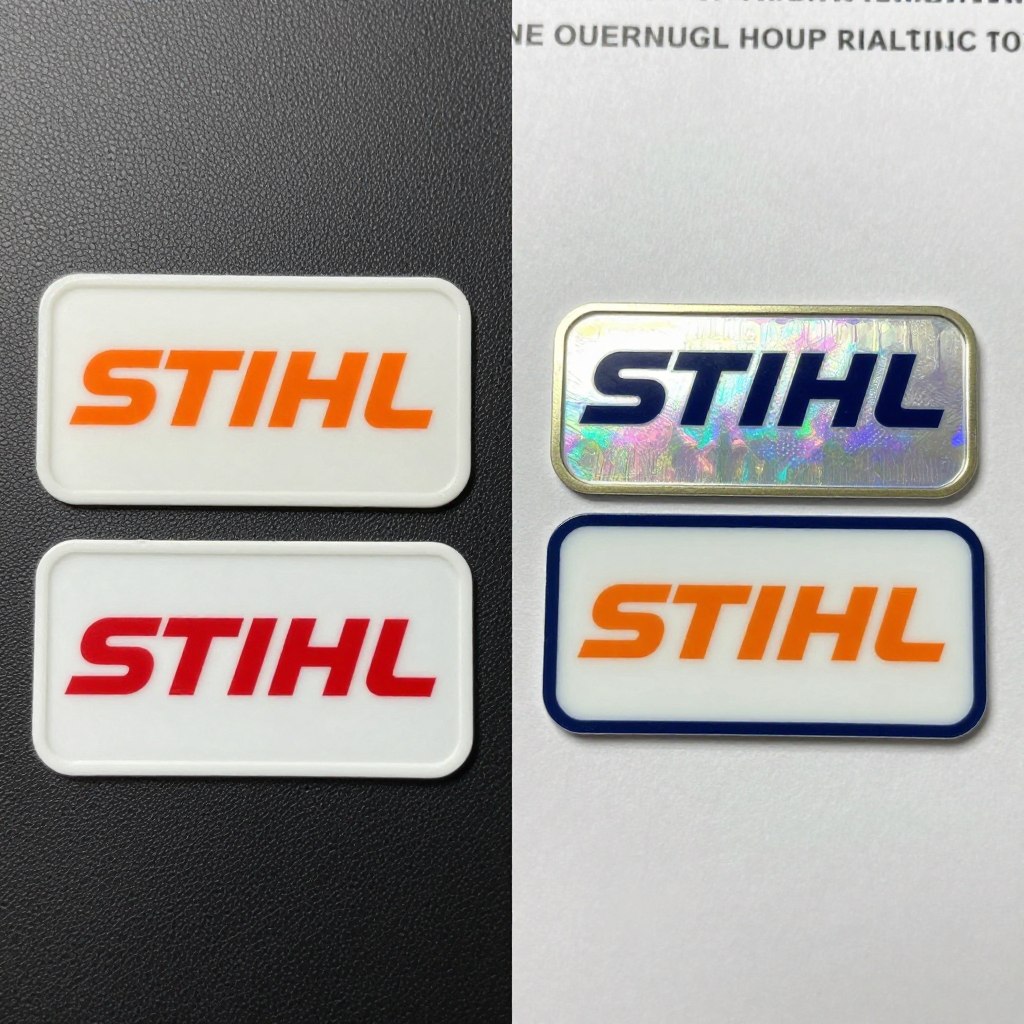 Porównanie oryginalnej i podrabianej tabliczki znamionowej Stihl Porównanie oryginalnej i podrabianej tabliczki znamionowej Stihl