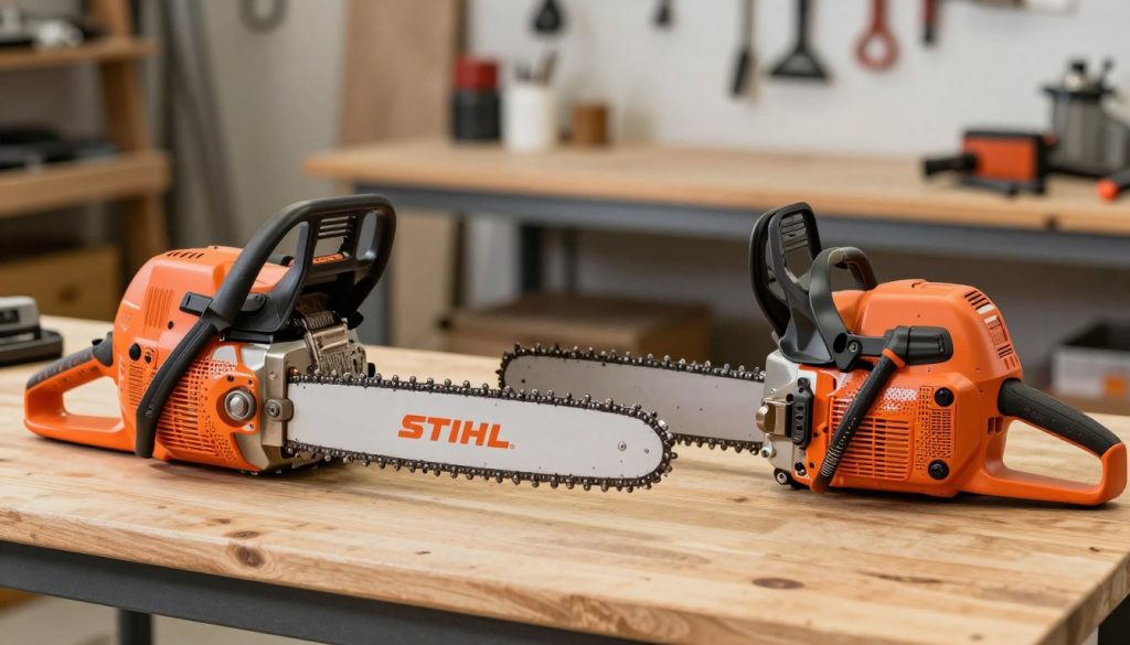 Porównanie oryginalnej pilarki Stihl i drutu oporowego na stole warsztatowym Porównanie oryginalnej pilarki Stihl i drutu oporowego na stole warsztatowym