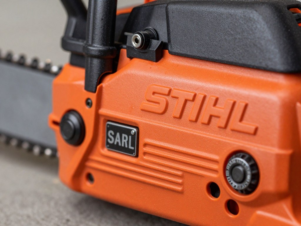 Zbliżenie na logo Stihl na obudowie pilarki z numerem seryjnym Zbliżenie na logo Stihl na obudowie pilarki z numerem seryjnym