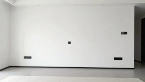 czarne gniazdka na białej ścianie w nowoczesnym salonie z minimalistycznym wystrojem